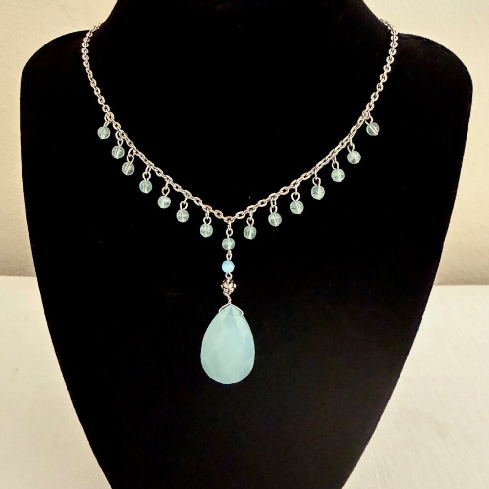 Artisan Teardrop Beaded Necklace 14 Inch Silver Tone Aqua Pendant